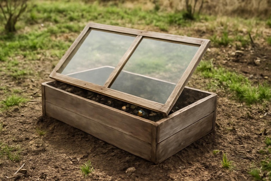 A small wooden cold frame with a hinged glass lid in early spring