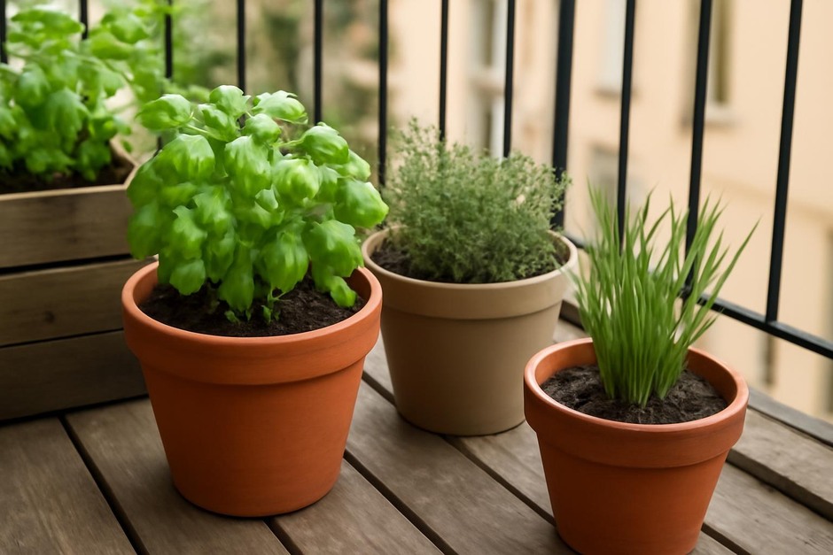 Small balcony with containers of basil, thyme, and chives