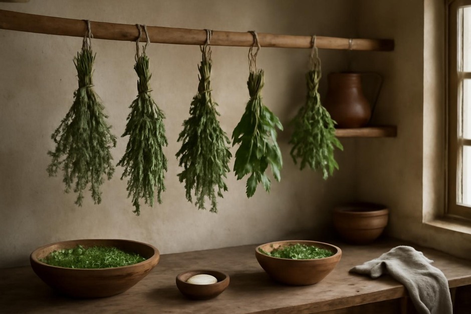 Bunches of drying herbs hanging in a rustic kitchen