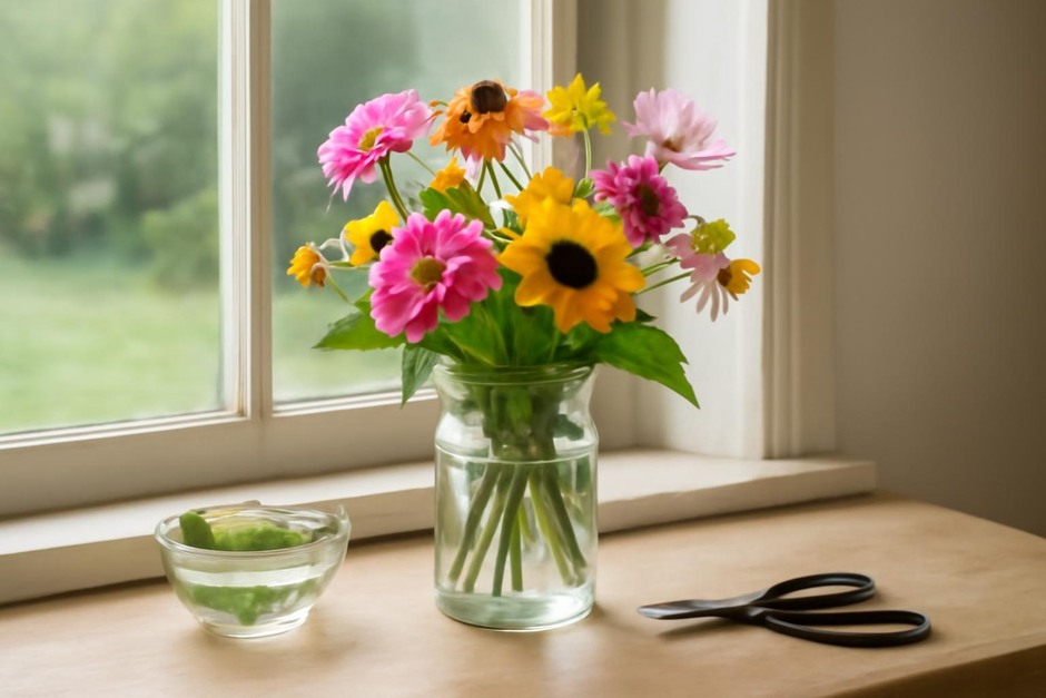 Fresh garden flowers in a glass vase on a kitchen windowsill