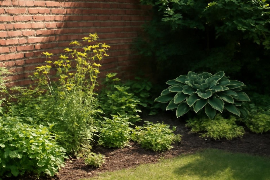 Backyard garden showing a sunny wall and shaded bed