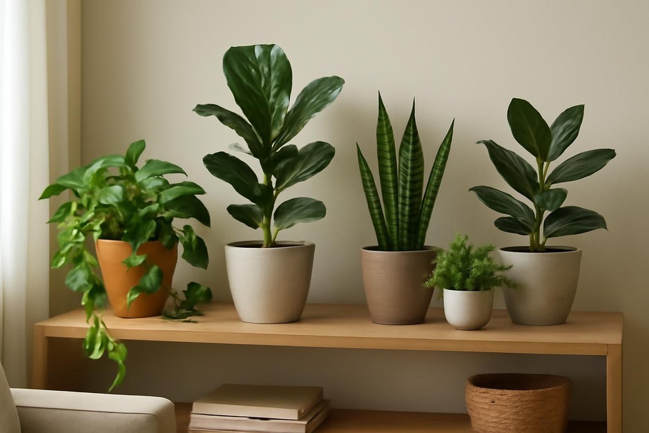 A living room shelf with several healthy houseplants in different pots