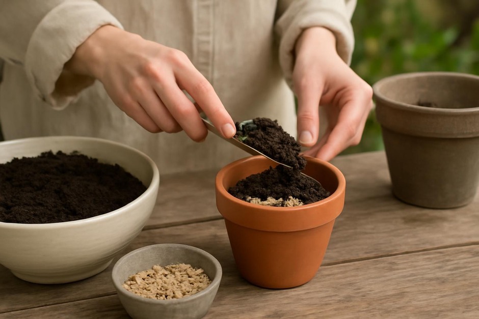 Hands layering potting materials into a small terracotta container for a herb garden