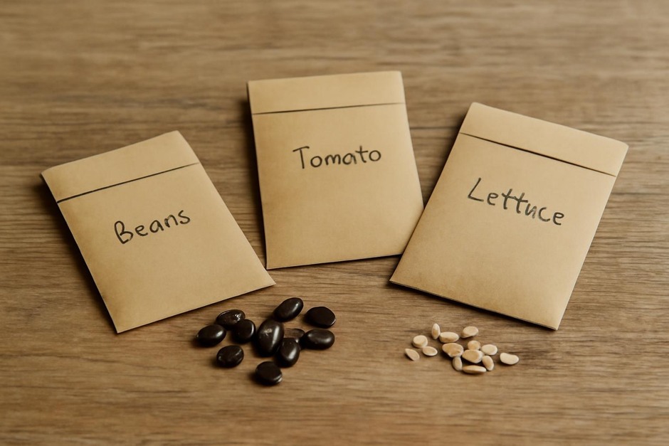 Collected seeds in labeled envelopes on a wooden table