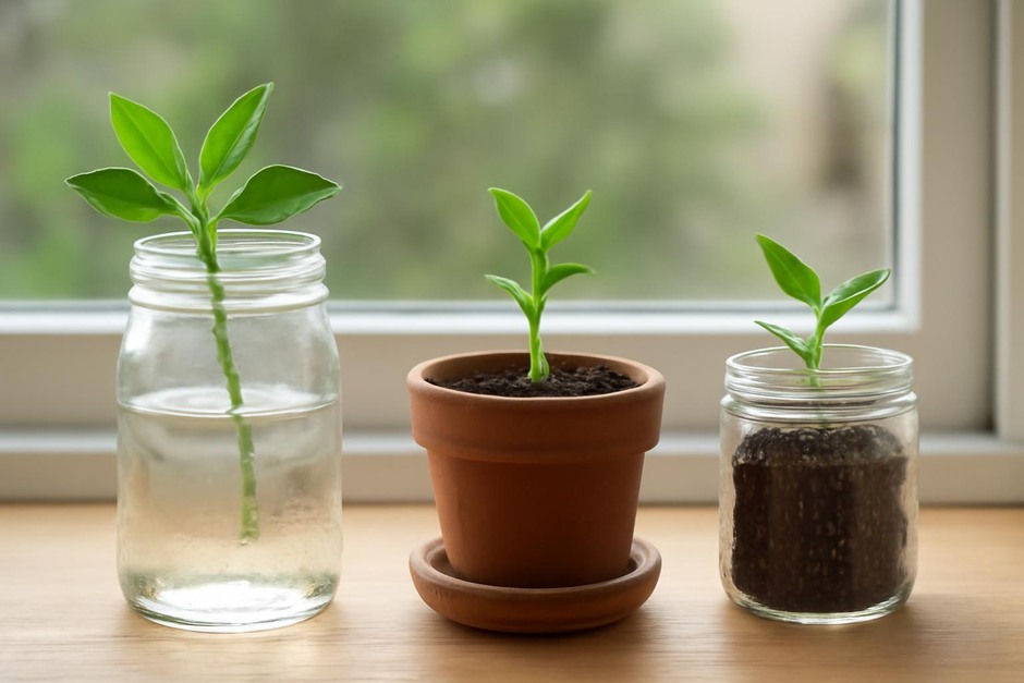 Three jars and pots with plant cuttings at different stages of rooting on a windowsill