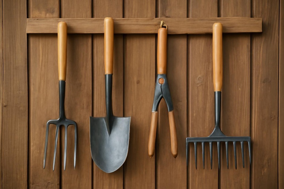 Neatly hung garden tools on a shed wall, clean blades and oiled wooden handles