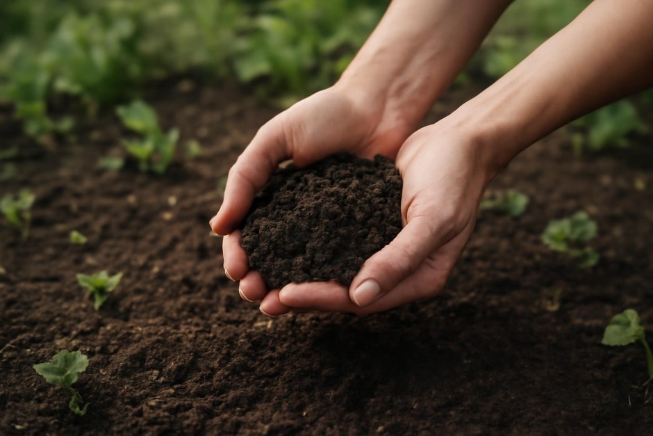 Hands holding a small soil sample over a garden bed