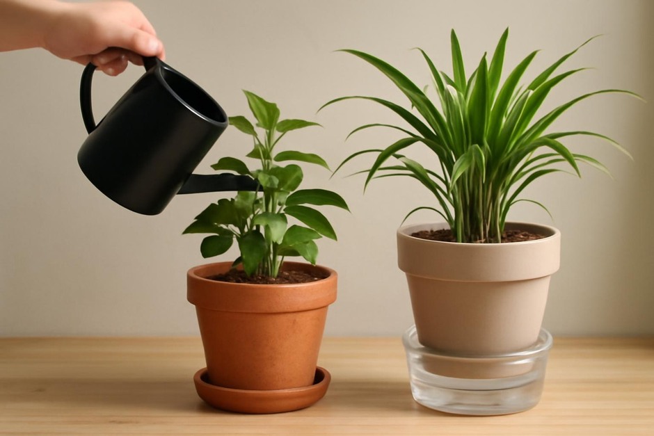A pair of potted plants, one being watered from above and the other with a water reservoir under the pot
