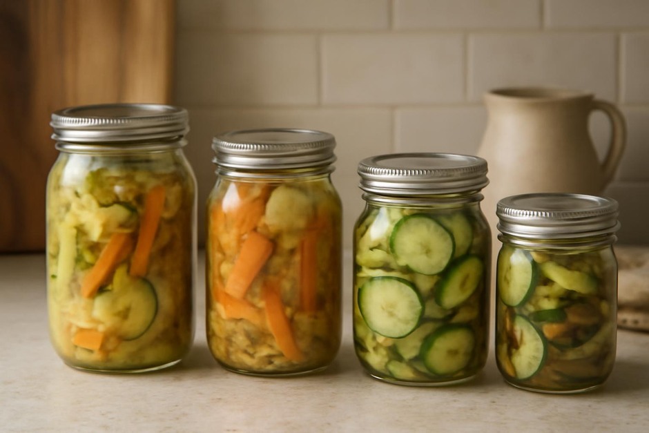 Jars of fermented vegetables and quick refrigerator pickles on a kitchen counter
